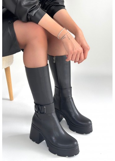 Moki Siyah Cilt Topuklu Çizme