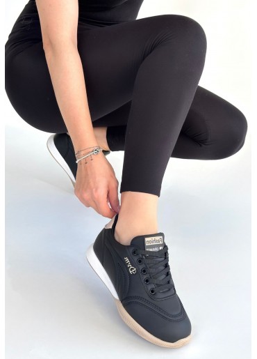 Tawen Siyah Cilt Bej Tabanlı Bağcıklı Spor Ayakkabı