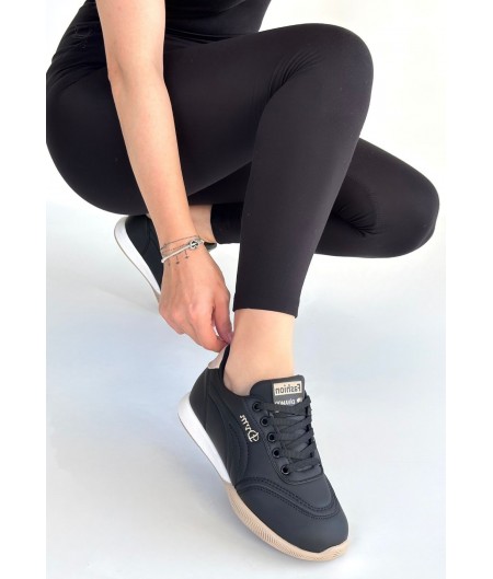 Tawen Siyah Cilt Bej Tabanlı Bağcıklı Spor Ayakkabı