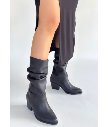 Yior Siyah Cilt Topuklu Bot