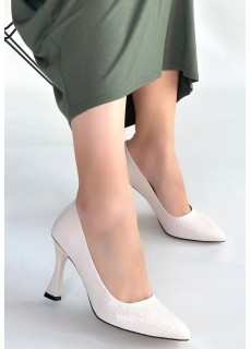 Merio Bej Baskılı Rugan Topuklu Ayakkabı