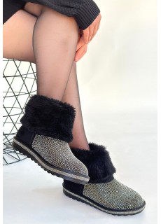 Linka Siyah Süet Gümüş Boncuk İşlemeli Bot