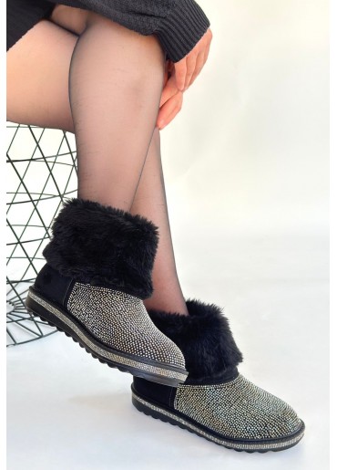 Linka Siyah Süet Gümüş Boncuk İşlemeli Bot