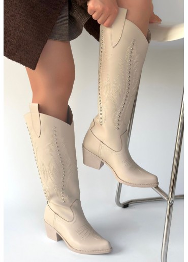 Meof Bej Cilt Topuklu Çizme