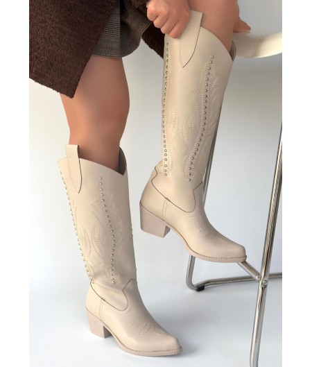 Meof Bej Cilt Topuklu Çizme