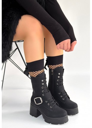 Linma Siyah Nubuk Bağcıklı Topuklu Bot