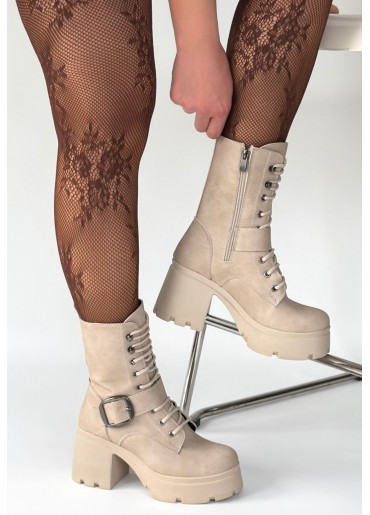 Linma Bej Nubuk Bağcıklı Topuklu Bot