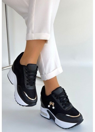 Wody Siyah Cilt Simli Bağcıklı Spor Ayakkabı