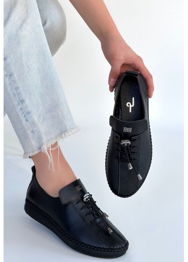 Warte Siyah Deri Bağcıklı Spor Ayakkabı