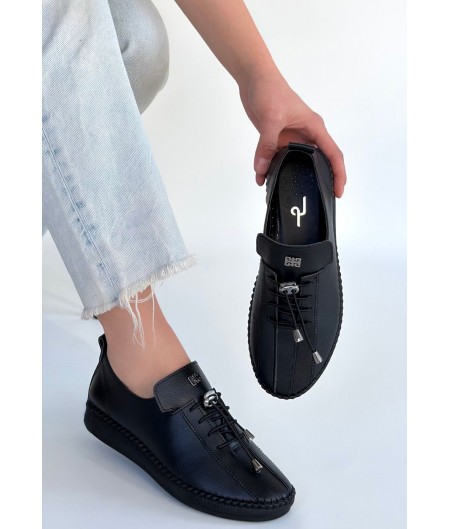 Warte Siyah Deri Bağcıklı Spor Ayakkabı