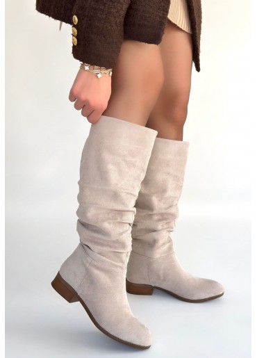 Winda Bej Süet Körüklü Topuklu Çizme