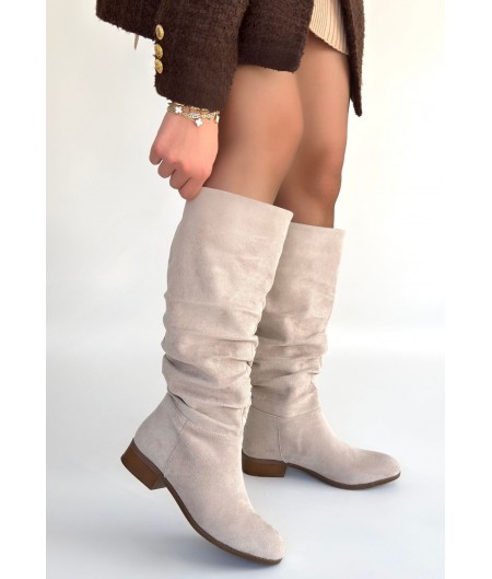 Winda Bej Süet Körüklü Topuklu Çizme