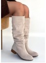 Winda Bej Süet Körüklü Topuklu Çizme