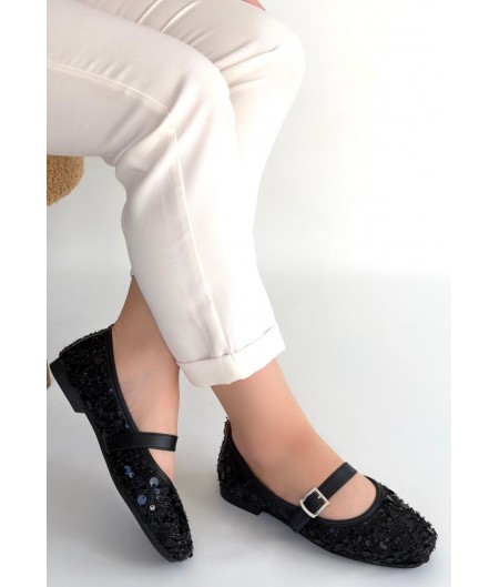 Zaty Siyah Süet Siyah Pullu Babet Ayakkabı