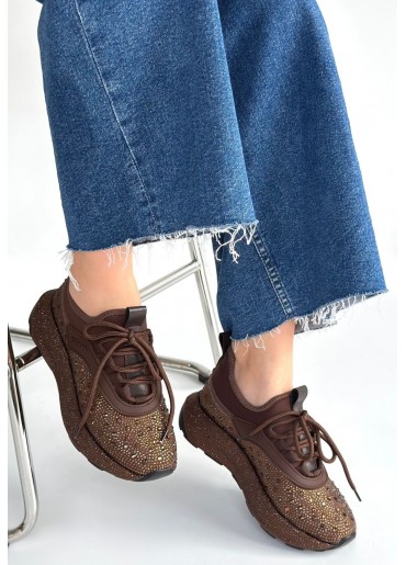 Rimay Kahverengi Cilt Boncuk İşlemeli Spor Ayakkabı