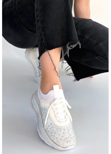 Rimay Beyaz Cilt Boncuk İşlemeli Spor Ayakkabı