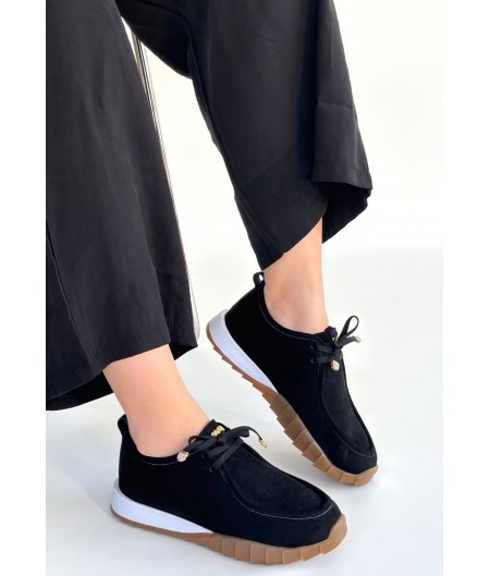 Sier Siyah Süet Bağcıklı Spor Ayakkabı