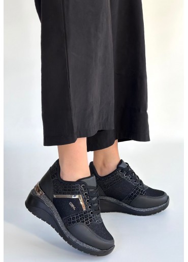 Geja Siyah Cilt Bağcıklı Spor Ayakkabı