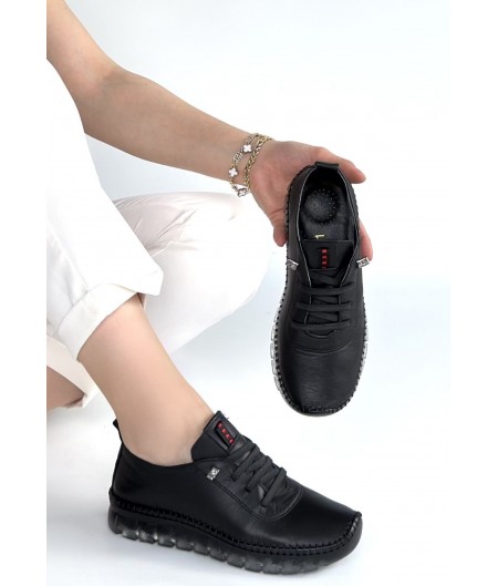 Jiten Siyah Deri Bağcıklı Spor QAyakkabı