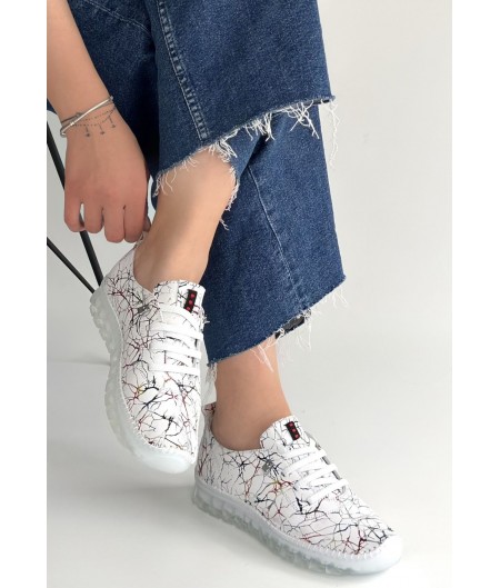 Jiten Beyaz Desenli Deri Bağcıklı Spor Ayakkabı