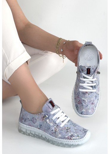 Kinte Lila Desenli Deri Bağcıklı Spor Ayakkabı