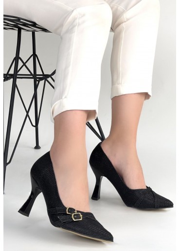 Wenda Siyah Simli Cilt Topuklu Ayakkabı