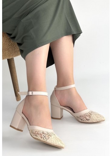 Dmop Bej Cilt Tül Detaylı Topuklu Ayakkabı