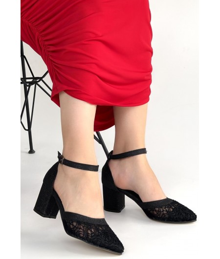 Dmop Siyah Cilt Simli Tül Detaylı Topuklu Ayakkabı