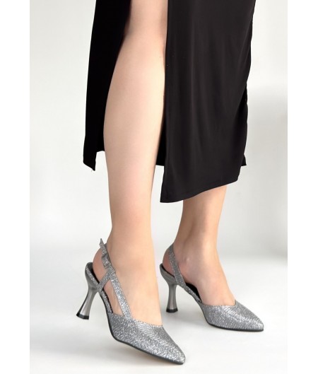 Joga Gümüş Saten Simli Topuklu Ayakkabı