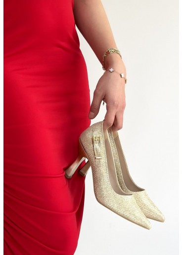 Cerin Gold Saten Simli Topuklu Ayakkabı