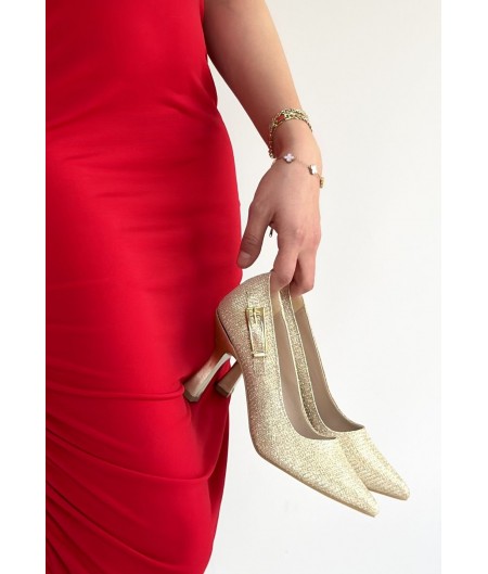 Cerin Gold Saten Simli Topuklu Ayakkabı Cerin Gold Saten Simli Topuklu Ayakkabı