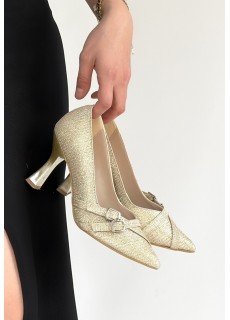 Wenda Gold Simli Cilt Topuklu Ayakkabı