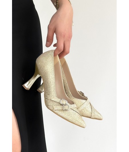 Wenda Gold Simli Cilt Topuklu Ayakkabı Wenda Gold Simli Cilt Topuklu Ayakkabı
