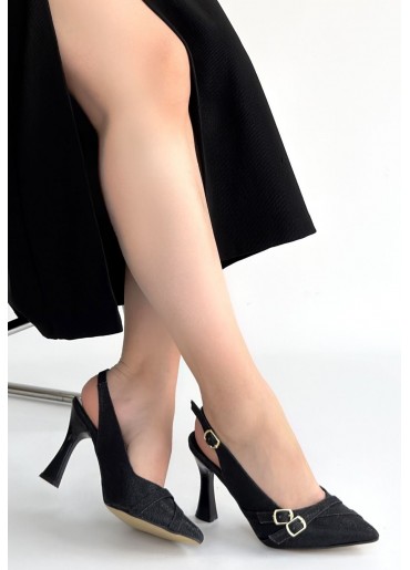 Jedda Siyah Simli Cilt Topuklu Ayakkabı