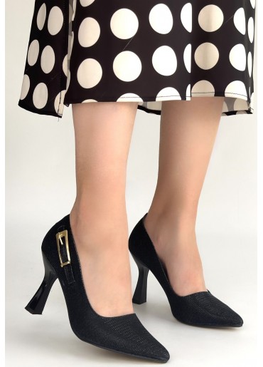 Cerin Siyah Saten Simli Topuklu Ayakkabı