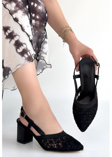 Poje Siyah Saten Tül Detaylı Topuklu Ayakkabı