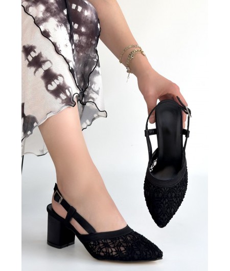 Poje Siyah Saten Tül Detaylı Topuklu Ayakkabı