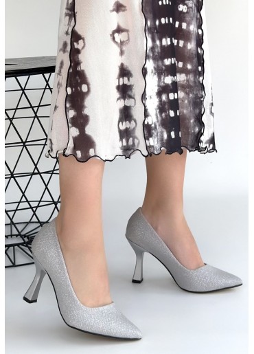 Meyli Gümüş Saten Simli Topuklu Ayakkabı