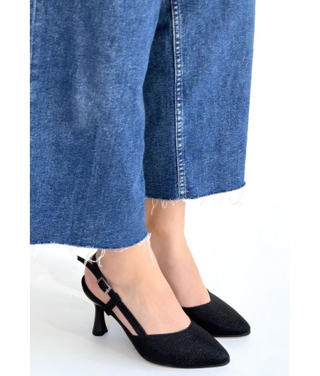 Joga Siyah Saten Simli Topuklu Ayakkabı Joga Siyah Saten Simli Topuklu Ayakkabı