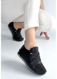 Kitta Siyah Deri Bağcıklı Spor Ayakkabı