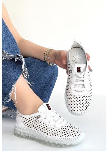 Otja Beyaz Deri Lazerli Bağcıklı Spor Ayakkabı