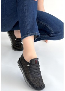 Otja Siyah Deri Lazerli Bağcıklı Spor Ayakkabı