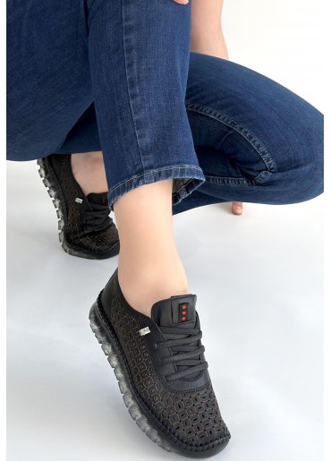 Otja Siyah Deri Lazerli Bağcıklı Spor Ayakkabı