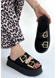 Coer Siyah Süet Çift Tokalı Terlik