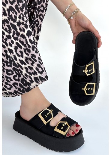 Coer Siyah Süet Çift Tokalı Terlik