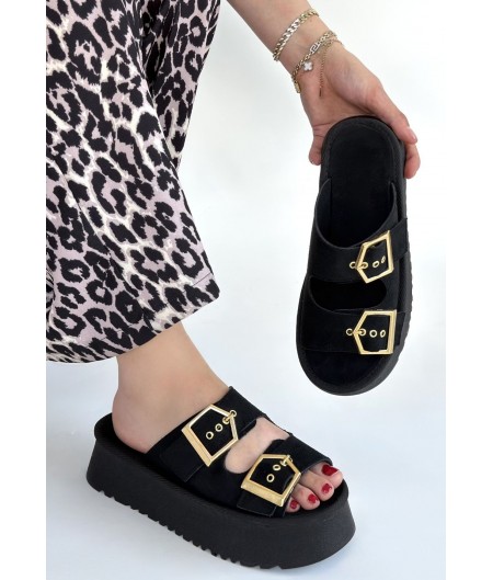 Coer Siyah Süet Çift Tokalı Terlik