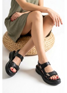 Ginya Siyah Cilt Cırt Cırtlı Sandalet