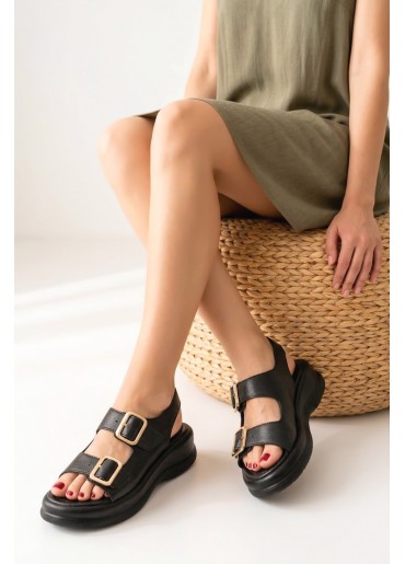 Kaji Siyah Cilt Çift Tokalı Sandalet