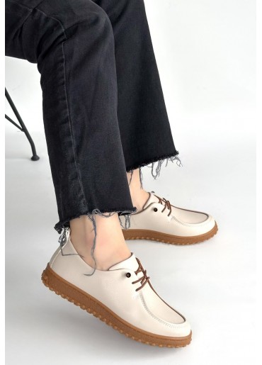 Guot Bej Cilt Bağcıklı Babet Ayakkabı