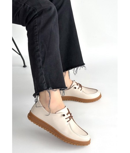 Guot Bej Cilt Bağcıklı Babet Ayakkabı